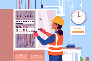 Flat illustration of woman electrician working on an electrical, a Person Illustration by DanFLCreativo