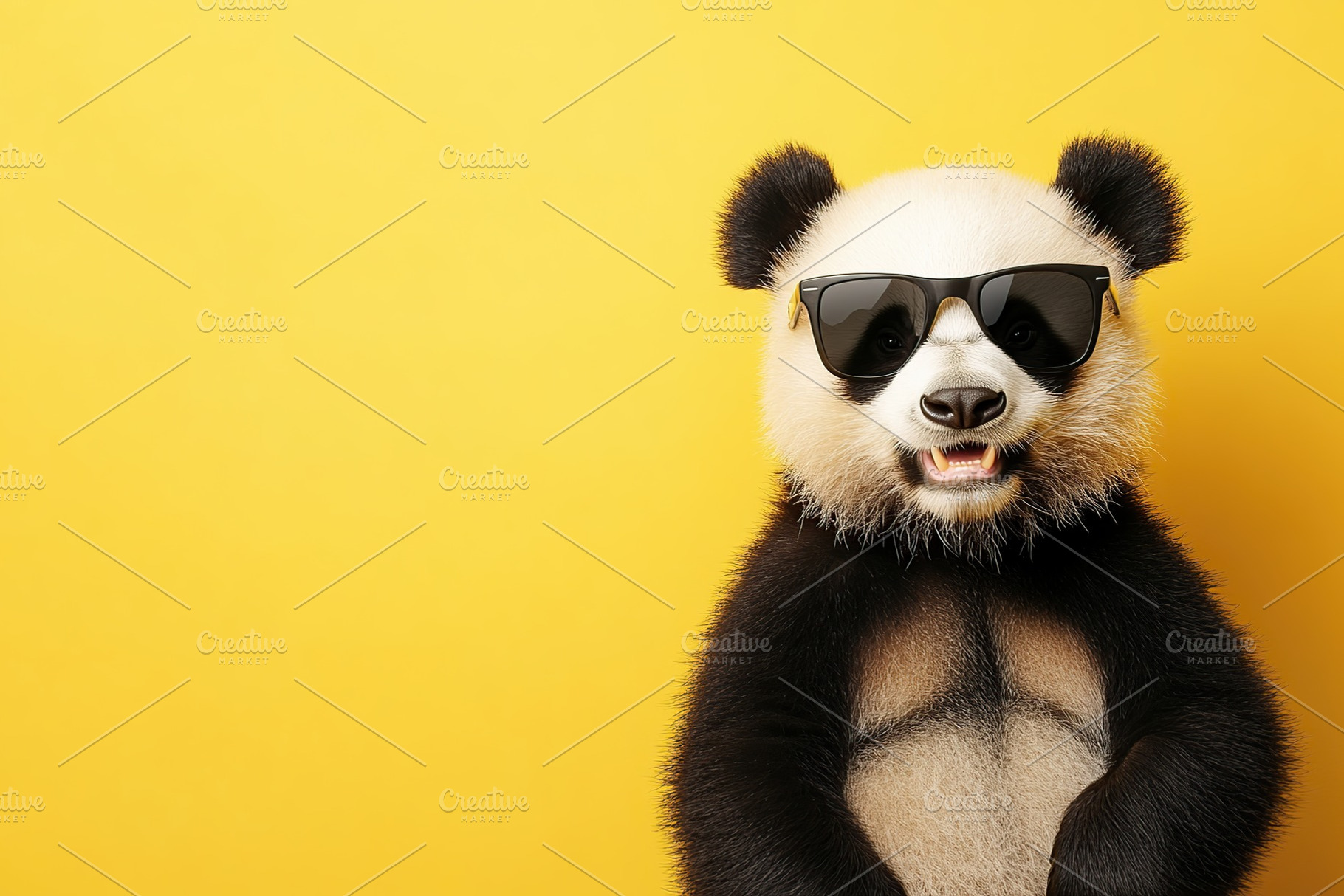 Panda in sunglasses poses against bright yellow background, an Animal Photo by AlyaAnd