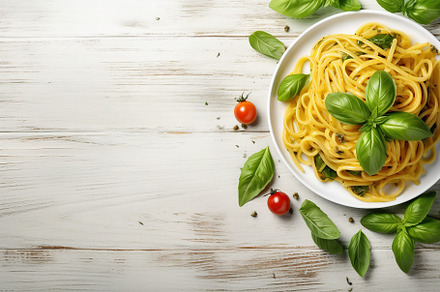 Tasty pasta with tomatoes and basil leafs in plate on wooden table. Generative, a Food & Drink Photo by AlyaAnd