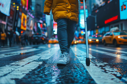 Midsection of a Young Blind Man with White Cane Navigating Urban Crosswalk, a Photo by AS photostudio