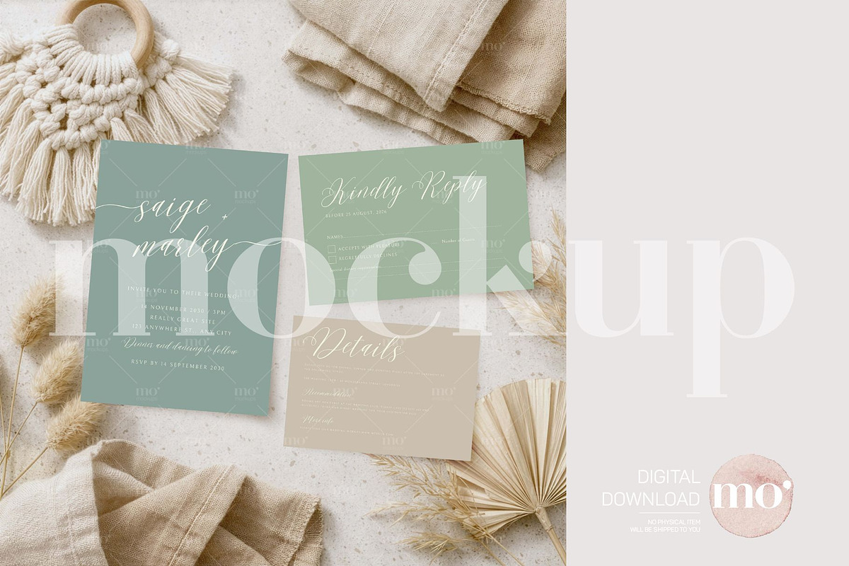 Boho 3-Piece Invitation Suite Mockup, a Mockup by MoMockups (Photo 1 of 4)