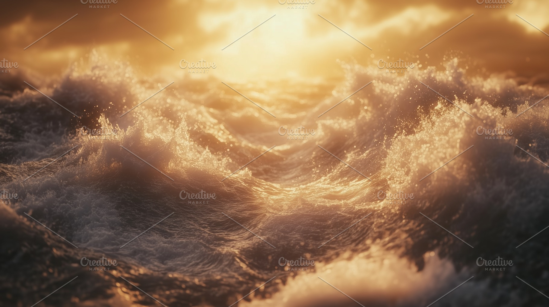 A dramatic view of ocean waves illuminated by golden sunlight, creating a seren, a Photo by Textures & Backgrounds