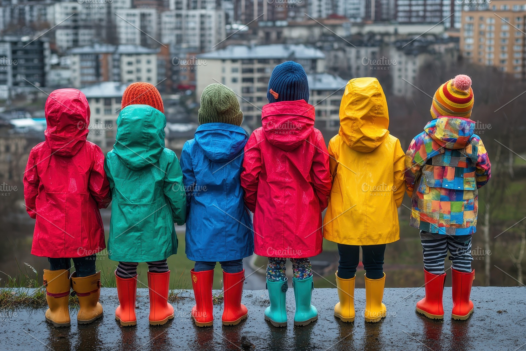 Children enjoy rainy rooftop view, a Photo by Pavel_design
