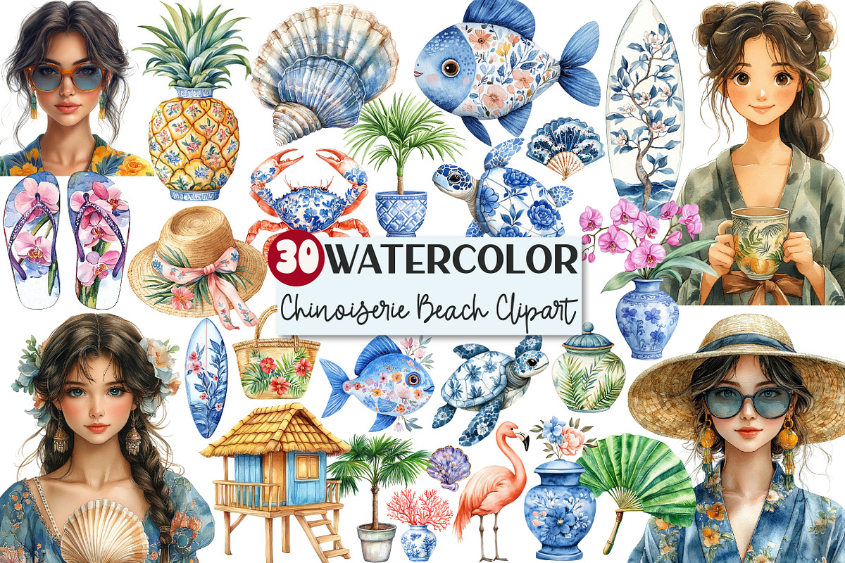 Tropical Chinoiserie Beach Clipart, an Illustration by Rose Art (Photo 1 of 4)