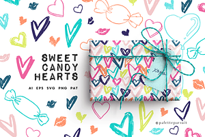 Candy hearts vector pattern set, SVG