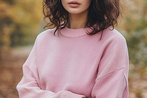 Young charming woman wearing in pink sweater in autumn park, a Person Photo by AlyaAnd