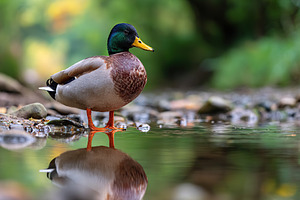 A duck stands by the water's edge, showcasing its colorful feathers in a serene, an Animal Photo by AlyaAnd