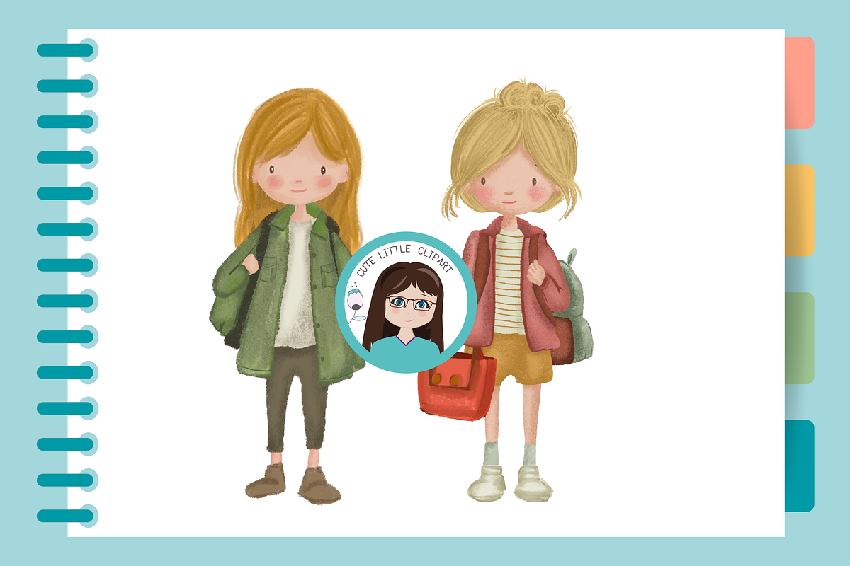 Back to School Watercolor Girls Clip, an Illustration by Cute Little Workshop (Photo 3 of 5)