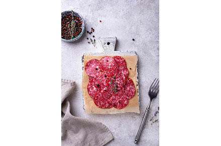 Sliced spicy tasty salami sausage
