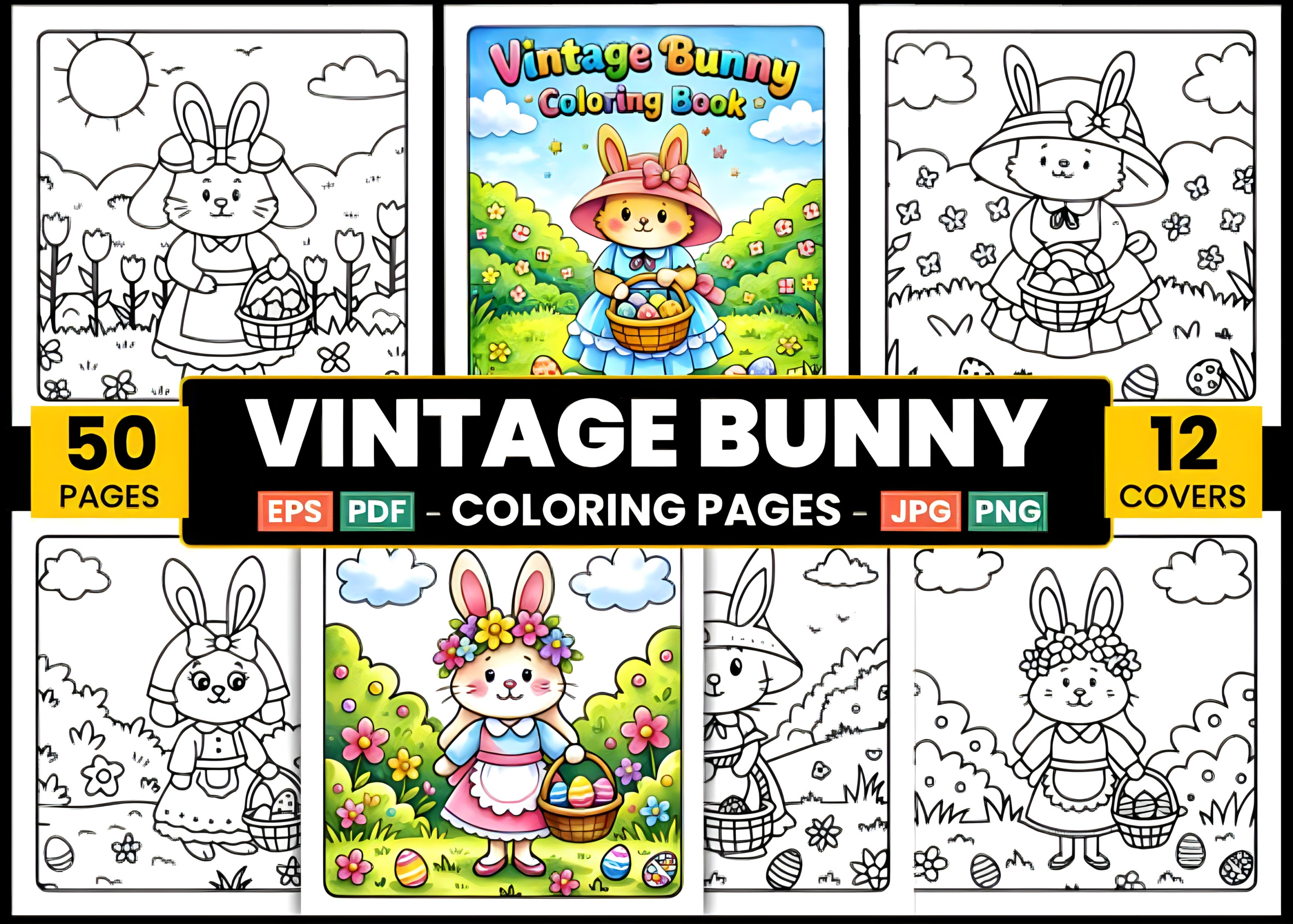 Vintage Bunny Coloring Pages, a Seasonal Illustration by Ink Gallery