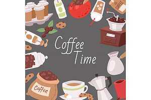 Coffee Cartoon Frame Objects Vector