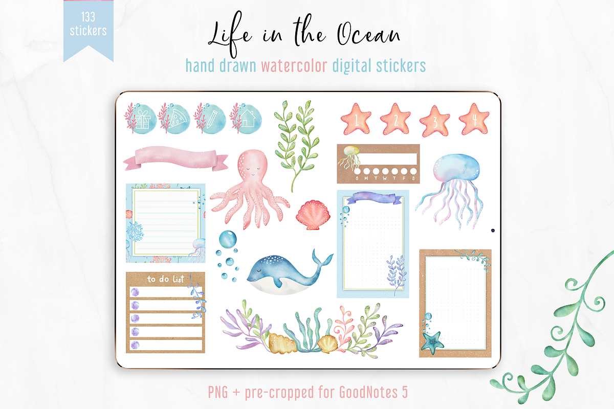 Digital Stickers Watercolor Ocean, an Illustration by Oh Mia Studio (Photo 1 of 5)