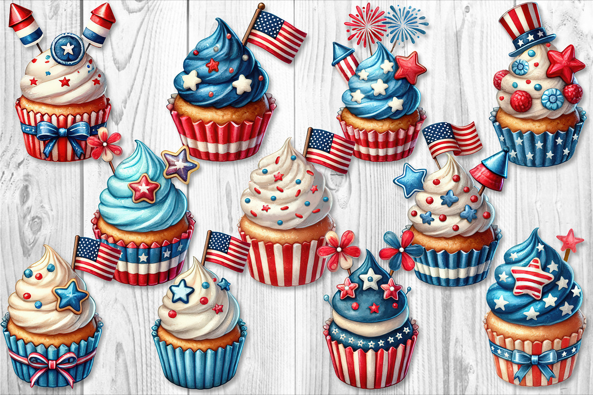 35 Patriotic Watercolor Cupcake Set, an Object Graphic by V Design Creator (Photo 3 of 10)