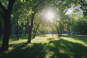 Green grass with trees and sun rays in the park, a Photo by AlyaAnd