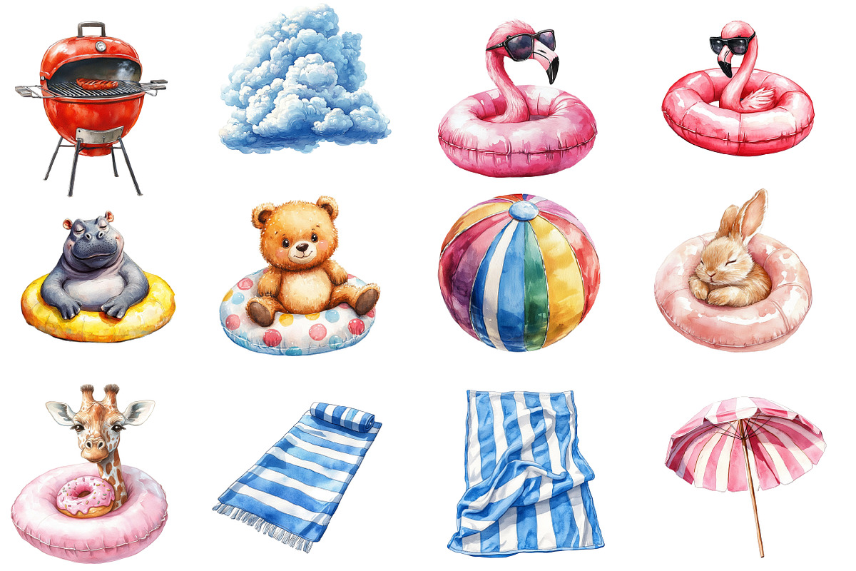 Cute Pool Party Watercolor Clipart, an Illustration by Designworld (Photo 2 of 5)