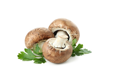 Tasty champignon mushrooms isolated on white background, a Food & Drink Photo by AtlasStudio PRO
