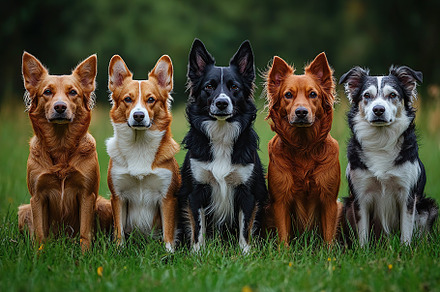 Border collie dogs sitting on a green grass, are ready for training, an Animal Photo by AlyaAnd