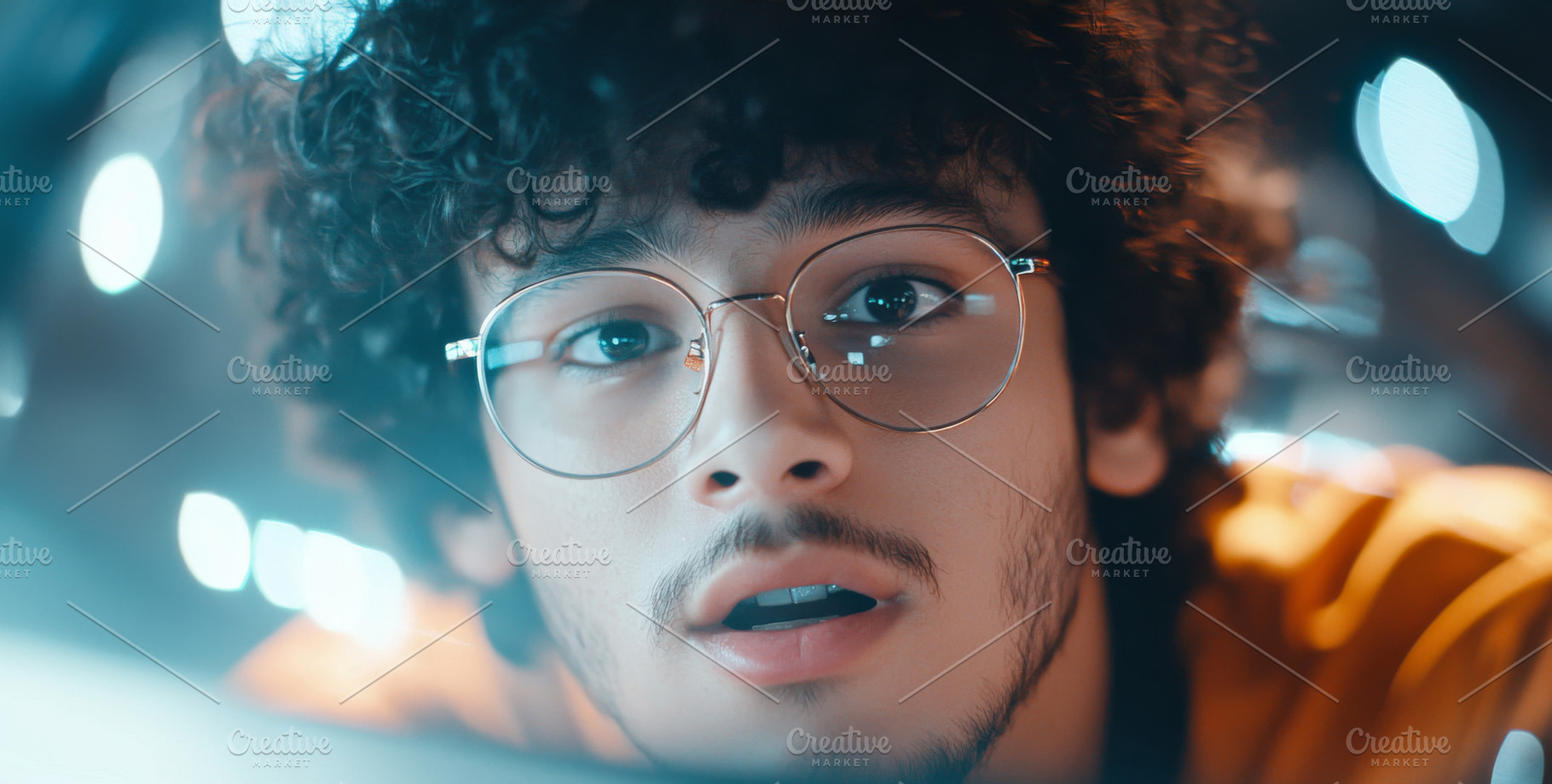 Young man with curly hair and glasse, a Photo by Dvoevnore photos