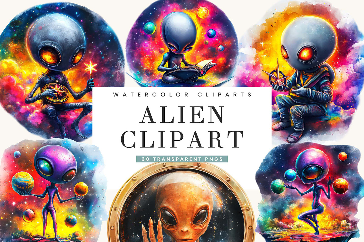 Watercolor Alien Clipart Bundle, an Object Illustration by BusyDaydesign