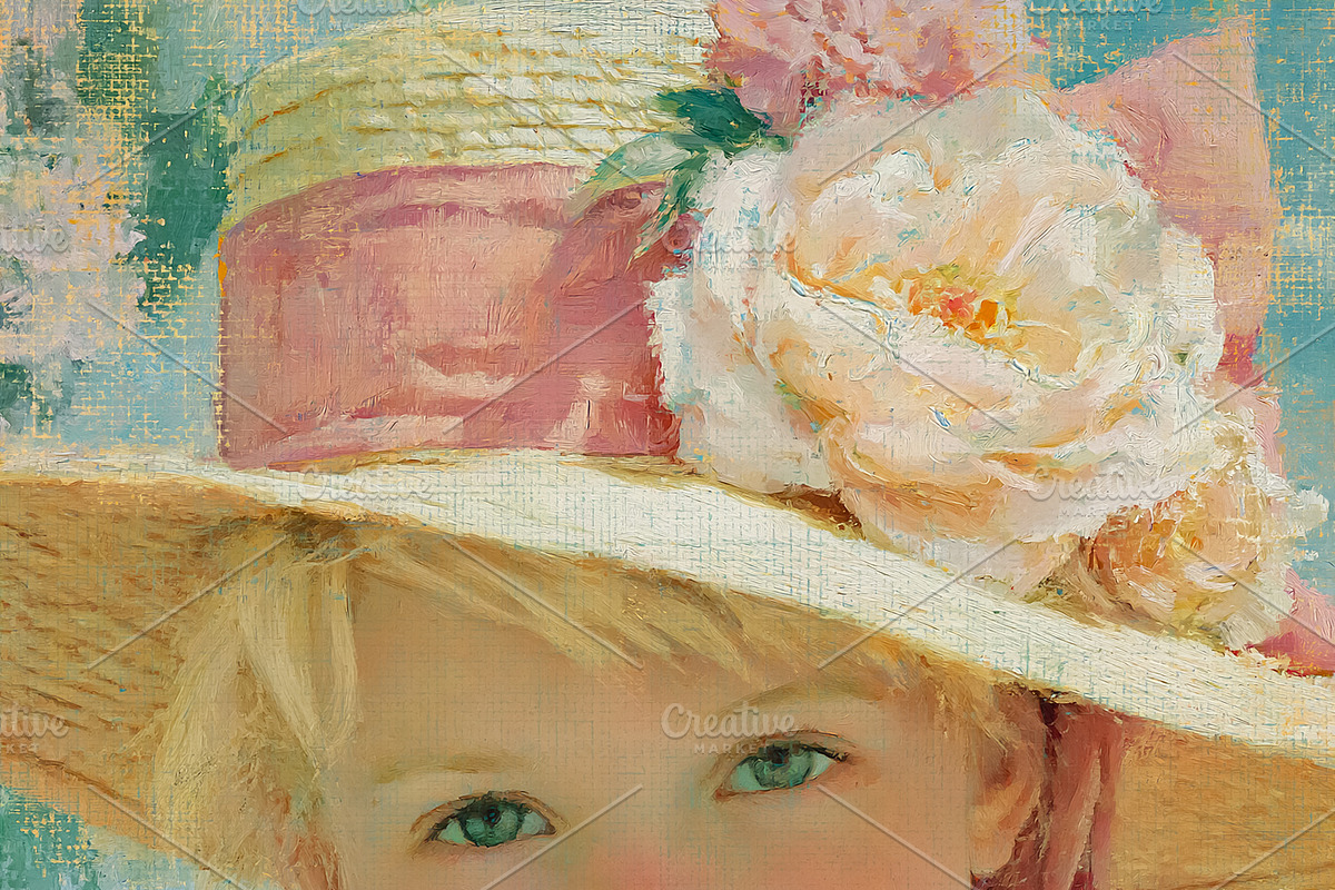 Blonde girl with a straw hat and ribbon holding a teddy bear, re, a Decorative Illustration by Studio ANNA