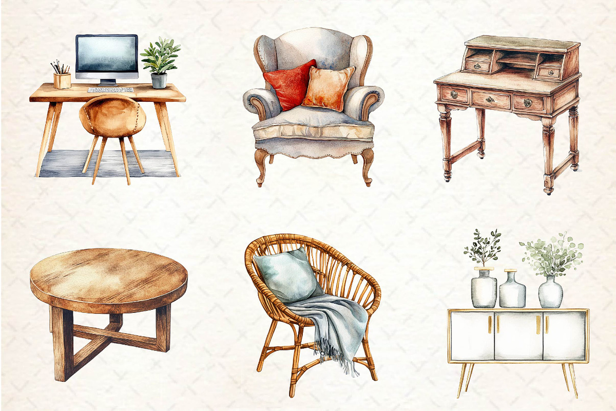 Watercolor Home Furniture Clipart, an Illustration by Dream Creation (Photo 2 of 6)