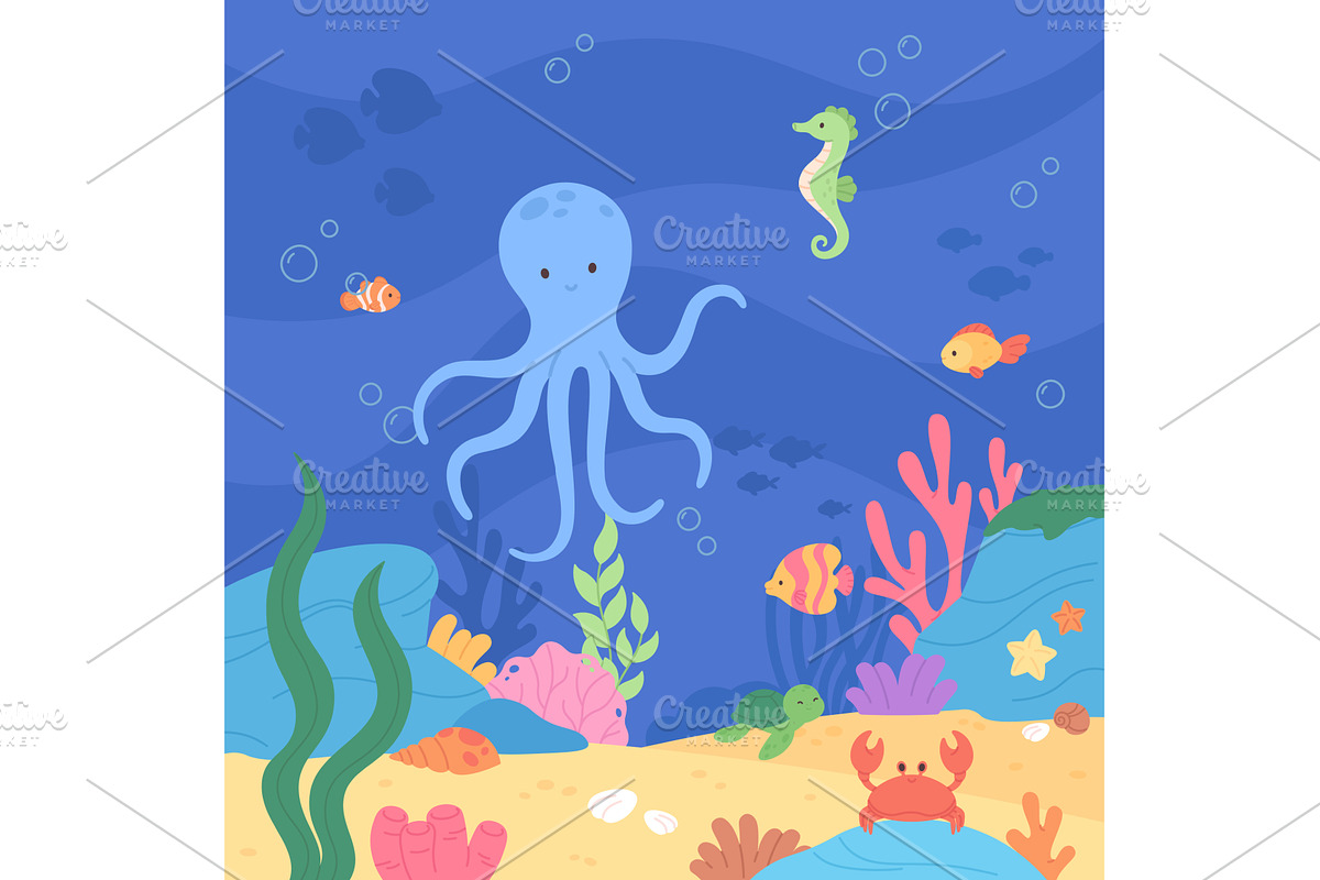 Cartoon underwater world, an Animal Illustration by LadadikArt