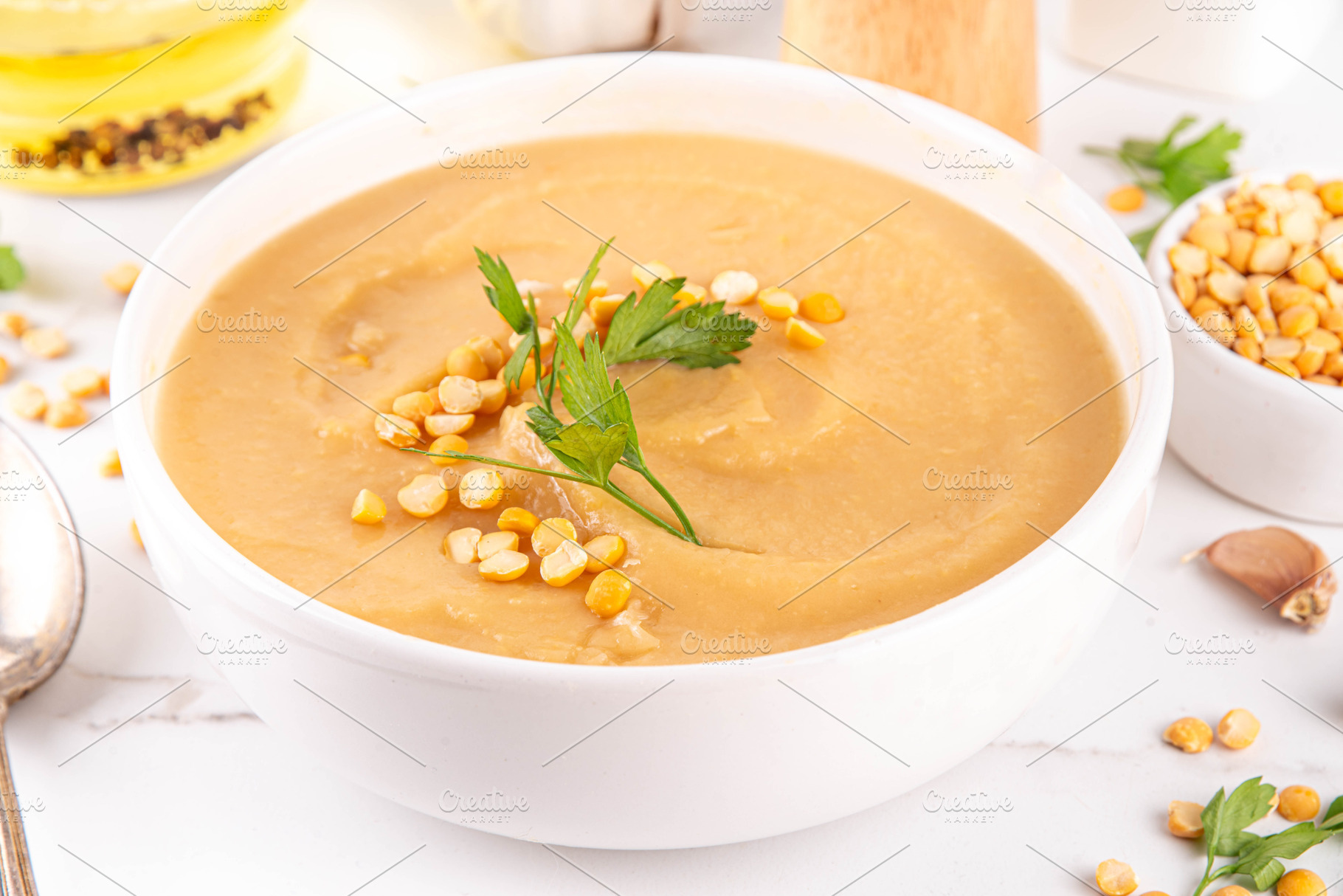 Tasty rich yellow pea cream soup, a Food & Drink Photo by Rimma