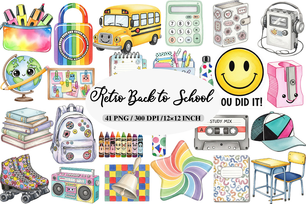 Retro Back to School Clipart, an Illustration by Daily.Designs (Photo 1 of 5)