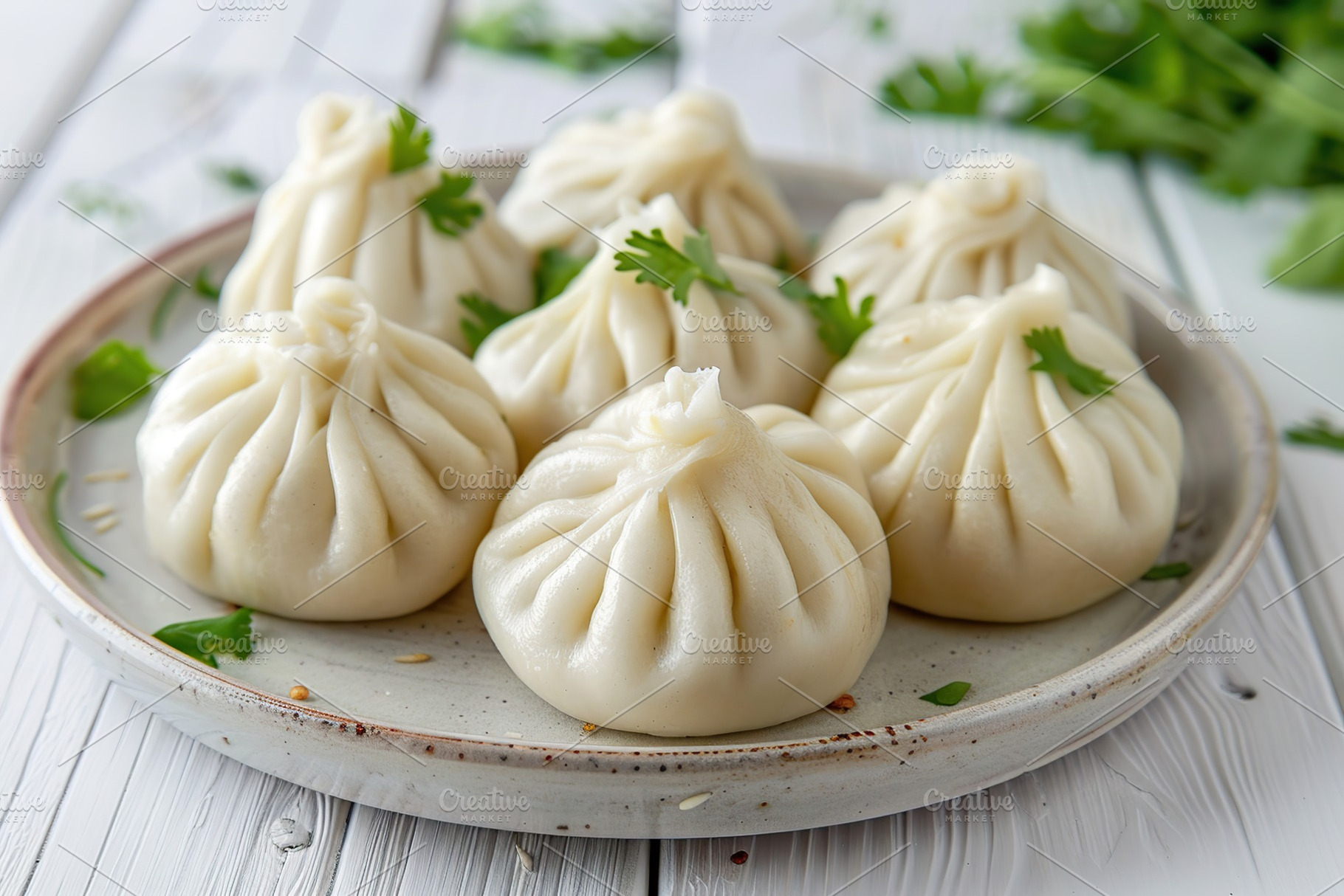 Homemade meat khinkali in plate on wooden table, a Food & Drink Photo by AlyaAnd