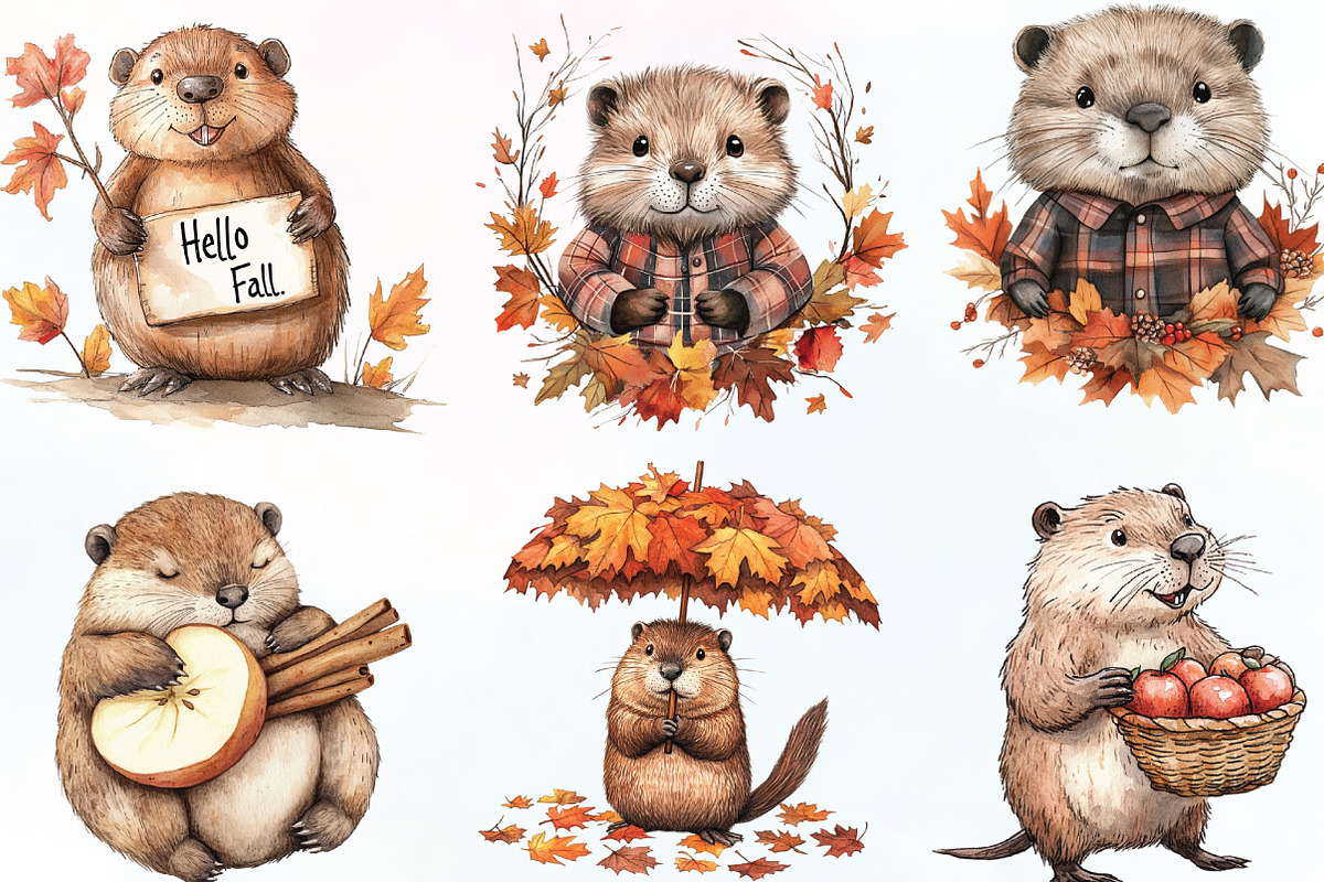 Watercolor Autumn Cute Beaver, an Illustration by CraftArtStudio (Photo 3 of 6)