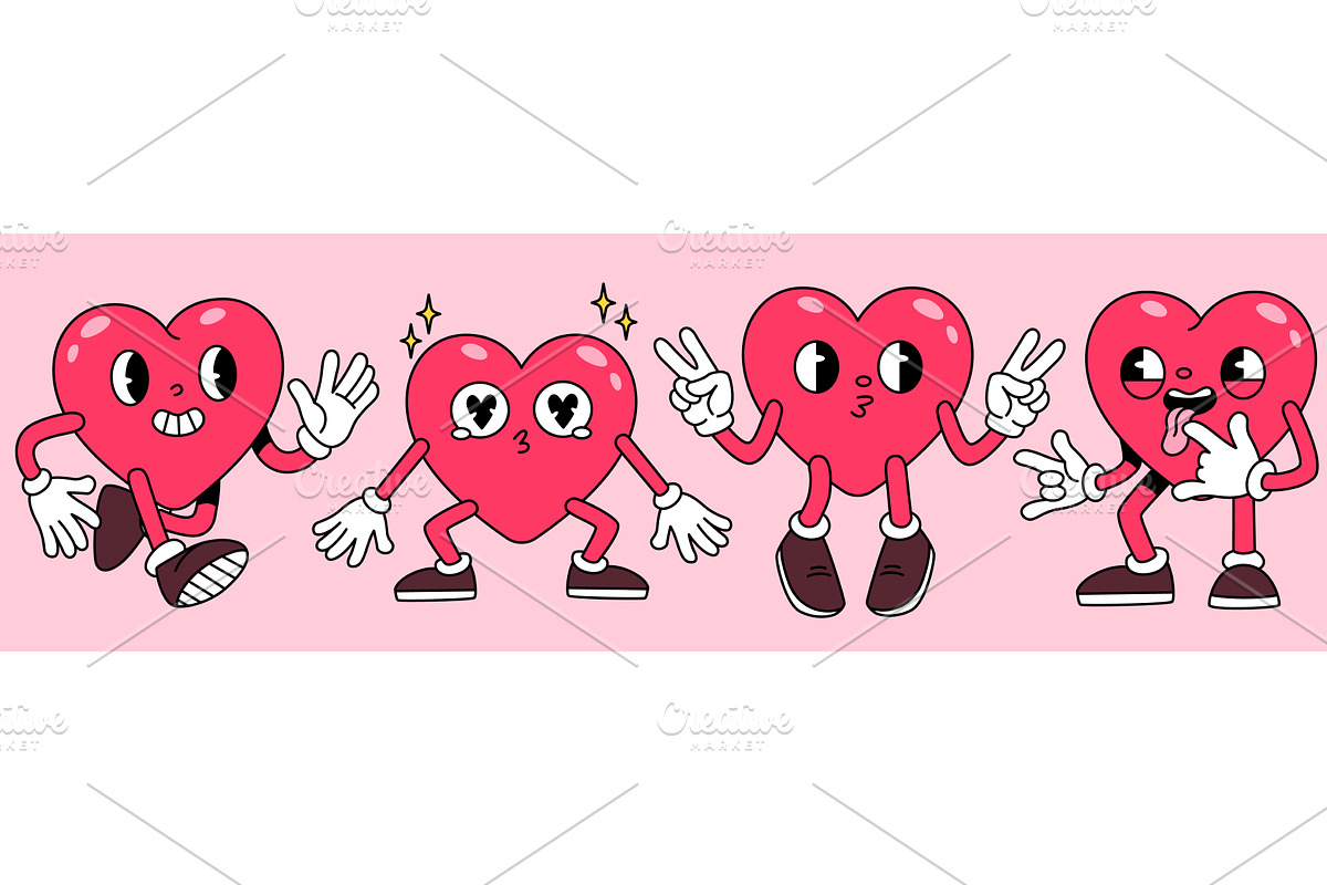 Cartoon groovy heart characters, an Illustration by art PVP - market