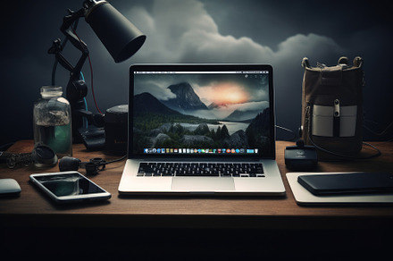Laptop on a desk in a modern office, a Photo by Iftikhar Alam