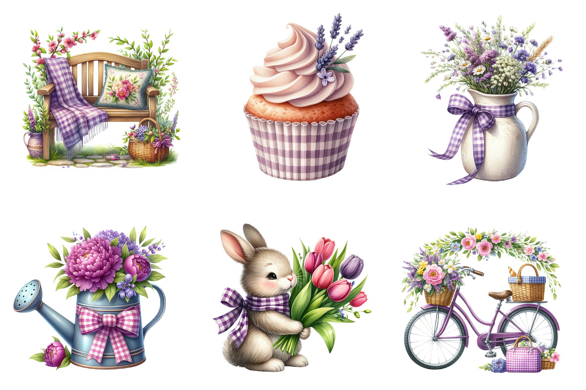 Spring Purple Gingham Clipart Bundle, an Illustration by CreationArt (Photo 4 of 5)