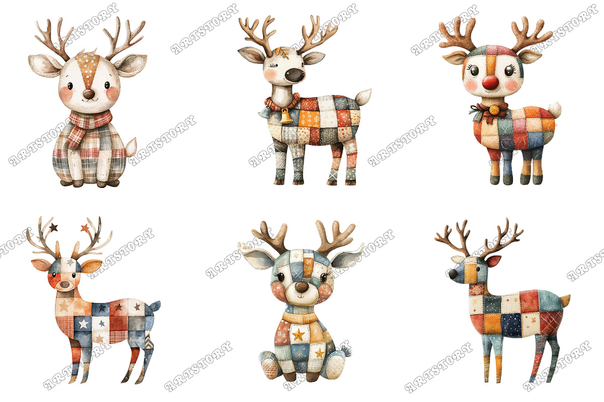 Whimsical Patchwork Reindeer Clipart, an Illustration by designcity5 (Photo 3 of 5)
