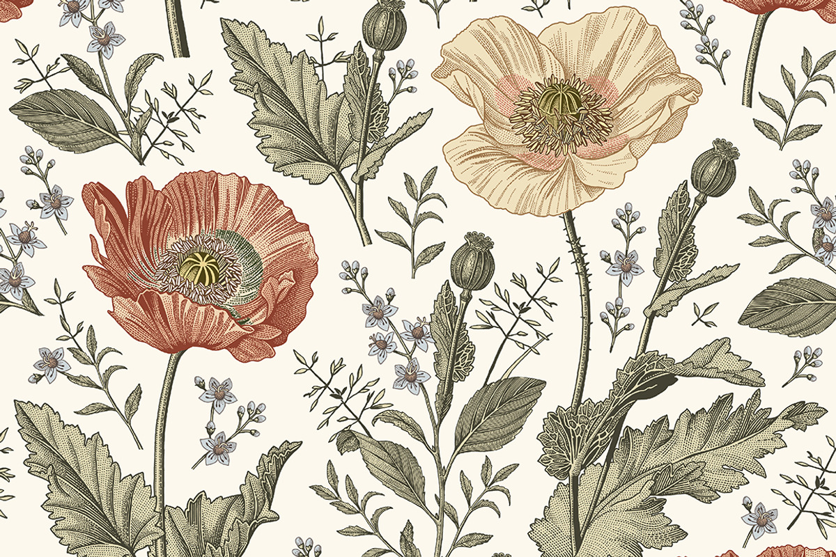 Seamless Set Flowers Poppy Poppies, a Pattern Graphic by Vintage (Photo 4 of 11)