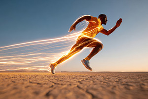 Dynamic male athlete sprinting in the desert, a Sports & Recreation Photo by AlyaAnd