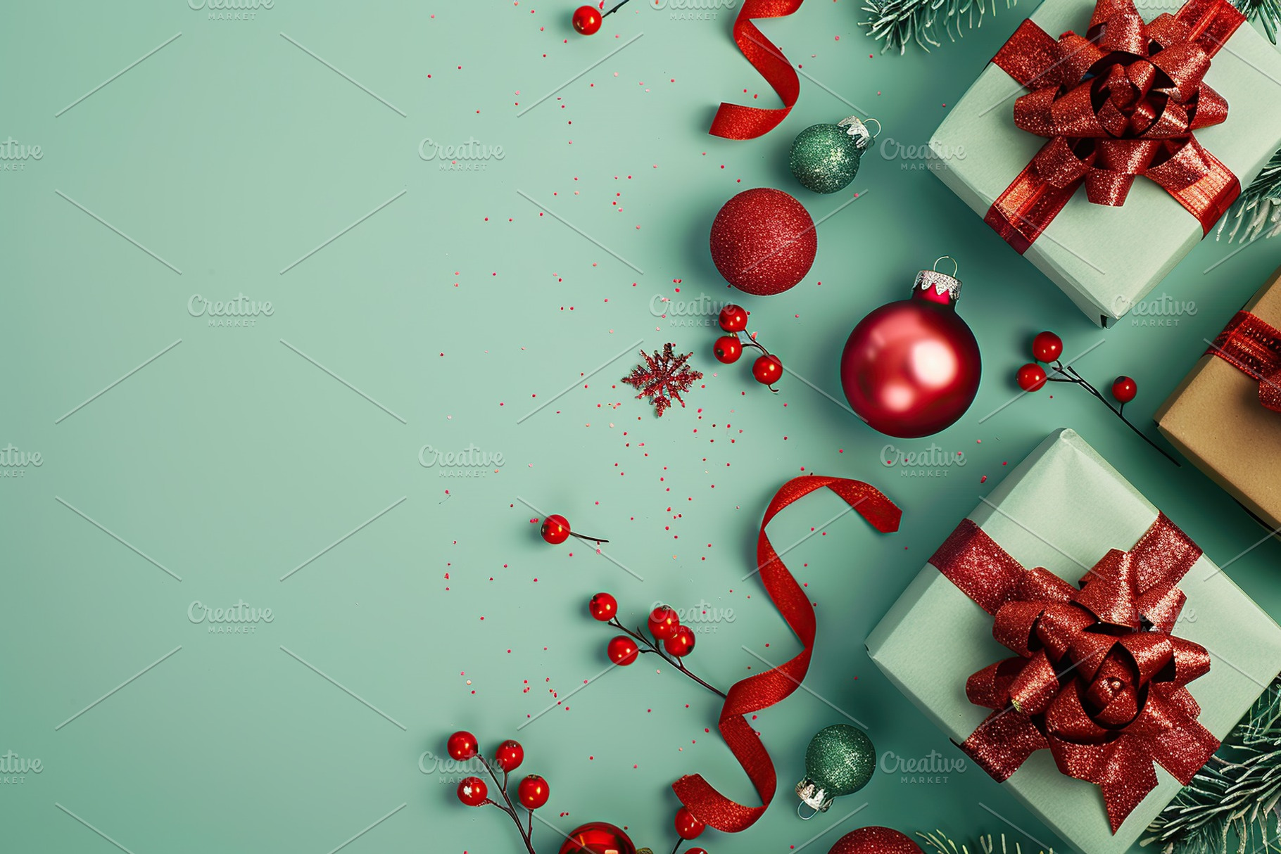 Colorful christmas gift boxes with copyspace on mint background, a Holiday Photo by AlyaAnd