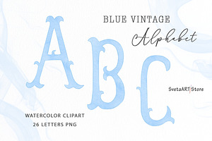 Watercolor Vintage Blue Alphabet, a Decorative Illustration by SvetaArtStore