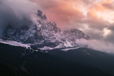 Mountain sassolungo at sunset stock photo containing gardena and val