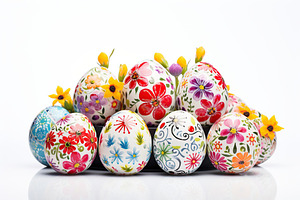 Colorful easter eggs with flowers on white background, a Holiday Photo by AlyaAnd