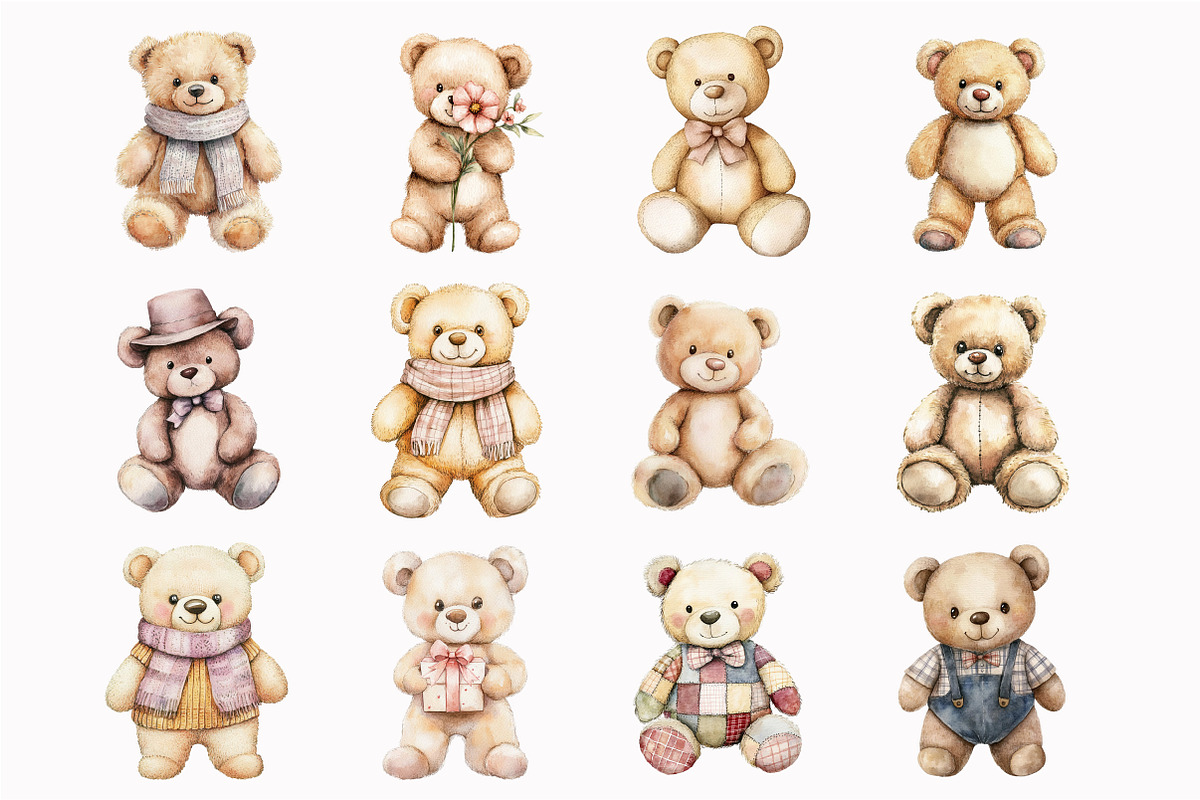Watercolor Teddy Bear Clipart, an Illustration by Design Market (Photo 5 of 5)