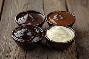 Sweet black, white and milk melted chocolate in bowls on wooden table, a Food & Drink Photo by AlyaAnd