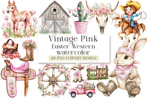 Vintage Pink Easter Western Clipart, a Seasonal Illustration by DreamArtGraphic
