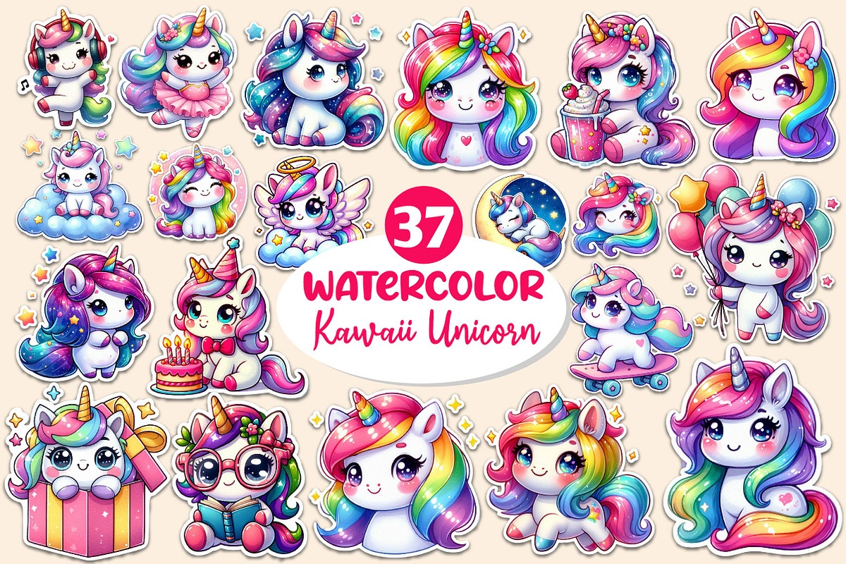 Kawaii Unicorn Stickers Clipart, an Illustration by Dream Creation (Photo 1 of 4)