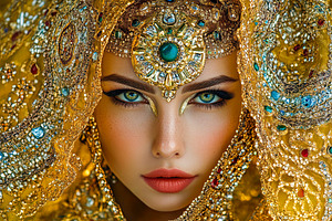 Enchanting Woman in Golden Jewel-Adorned Veil, a Person Photo by Ales Munt