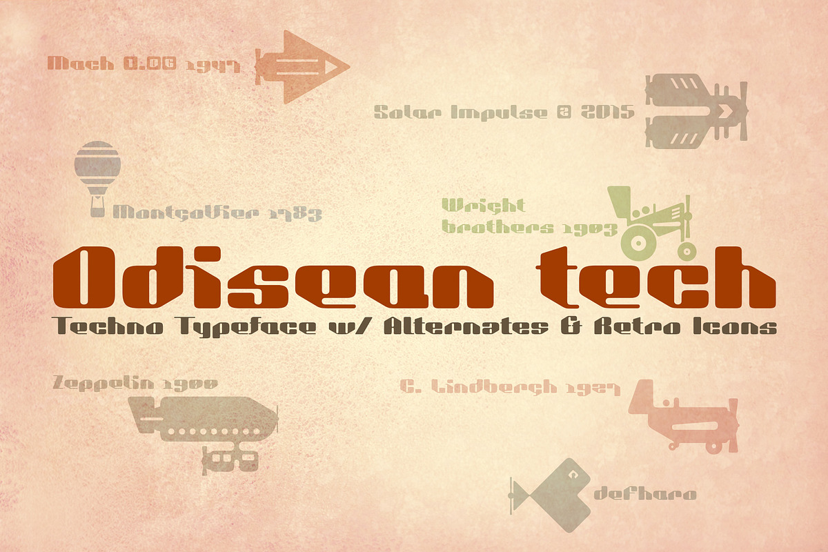 Odisean Tech -Retro font w/ 28 icons, a Sans Serif Font by deFharo (Photo 1 of 4)