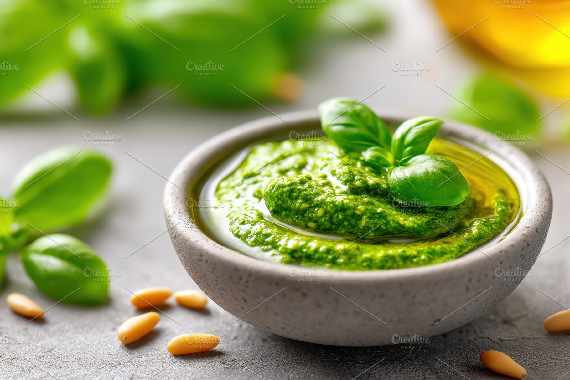 Fresh basil pesto in a bowl, a Food & Drink Photo by AlyaAnd