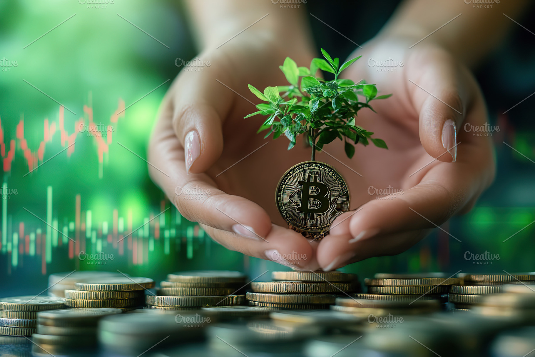 Green seedlings are growing on bitcoin coin with charts, a Photo by AlyaAnd