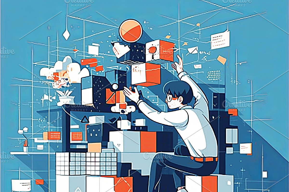 Man engaging with futuristic technology displays in a vibrant workspace setting, an Illustration by AS photostudio