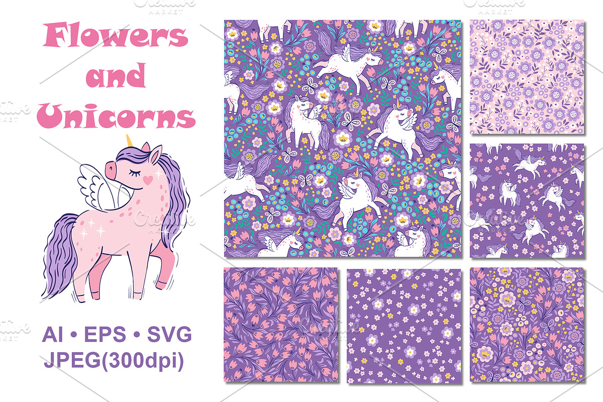 Flowers and Unicorns Patterns, a Pattern Graphic by Nataliia Toporovska (Photo 3 of 12)
